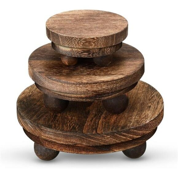 Wood Pedestal Risers Set Rustic Round Mini Stands Tiered Tray Farmhouse Decor - Picture 1 of 8